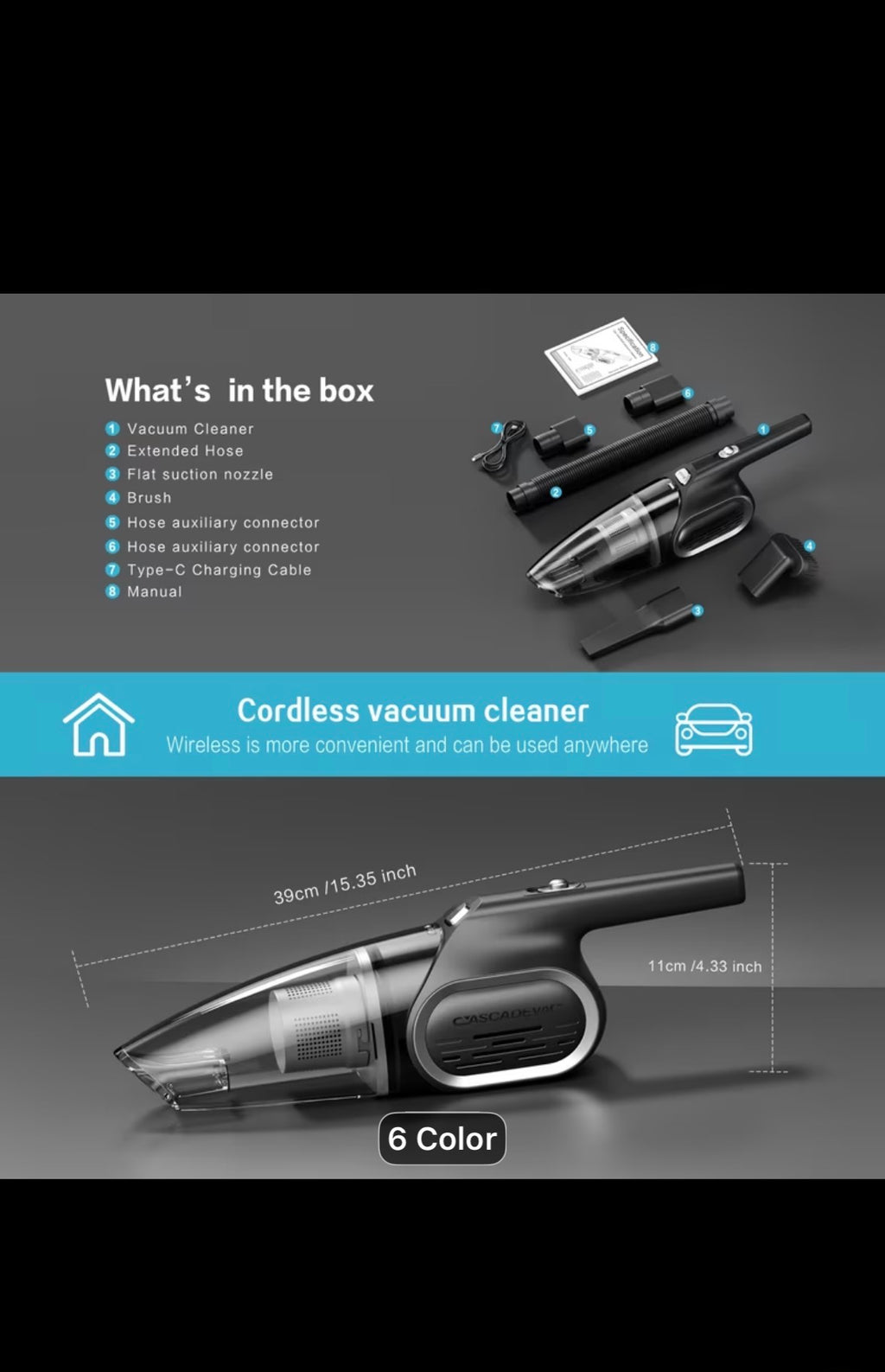 Portable Household Vacuum Cleaner, With 6000PA Powerful Suction Force, Low Noise, Dual Filtration. Household Vacuum Cleaner, Mini Vacuum Cleaner, Suitable For Cleaning Inside Cars, Pet Hair, Kitchens, Home Cleaning Supplies, Ladies' Car Accessories.