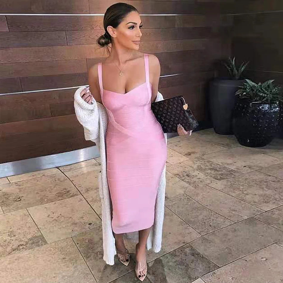 New 2026 Women Sexy Celebrity Midi Red White HL Elastic Bandage Dress Spaghetti Strap Club Bodycon Party Dress Wholesale HL434 EVERYDAY ESSENTIALS