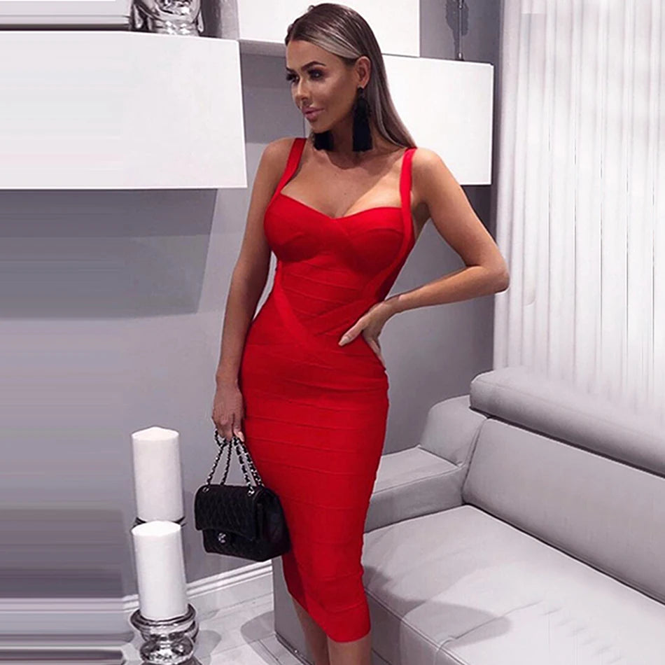 New 2026 Women Sexy Celebrity Midi Red White HL Elastic Bandage Dress Spaghetti Strap Club Bodycon Party Dress Wholesale HL434 EVERYDAY ESSENTIALS