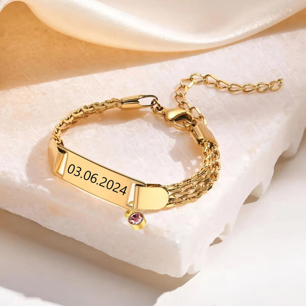 SQ Personalized Text Laser Engraving Name Birthday Date Adjustable Chain Stainless Steel 24K Gold Plated Wrap Bracelet Islam EVERYDAY ESSENTIALS