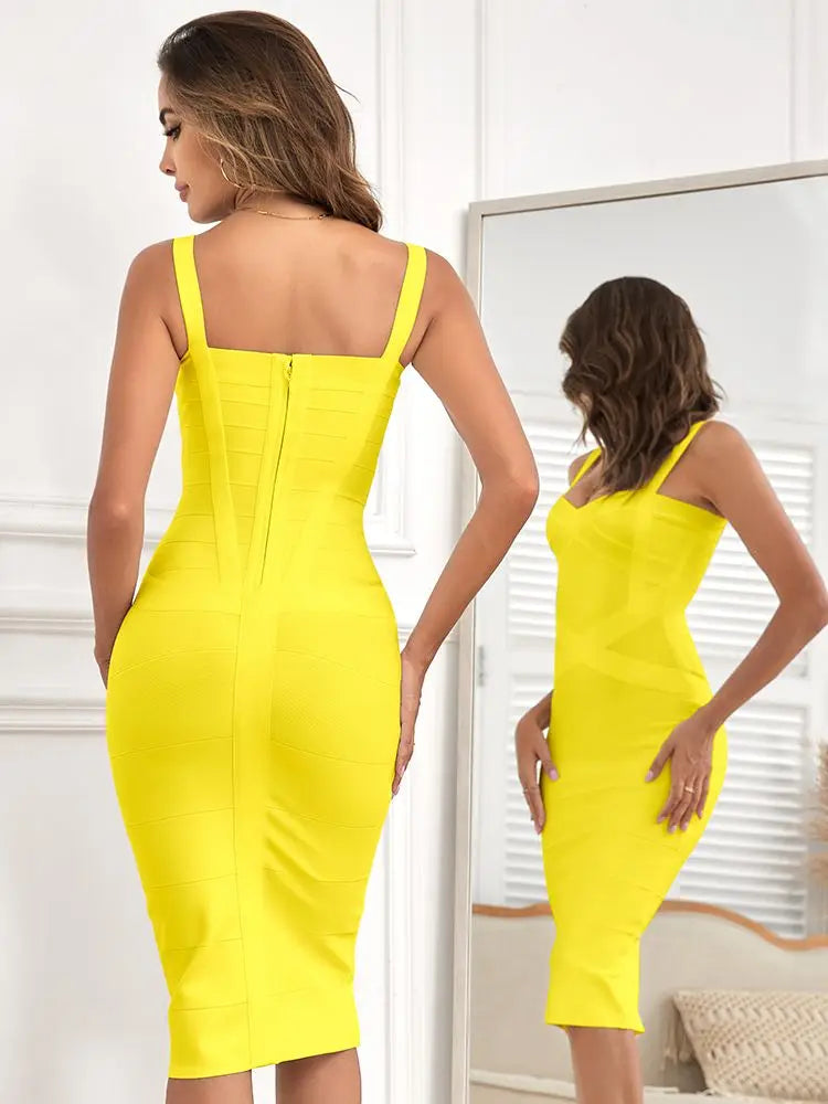 BEAUKEY Sexy Vintage Quality Evening Yellow Bandage Dress 2023 Women Summer Blue Midi Cross Dress Bodycon Party Ladies Vestidos EVERYDAY ESSENTIALS