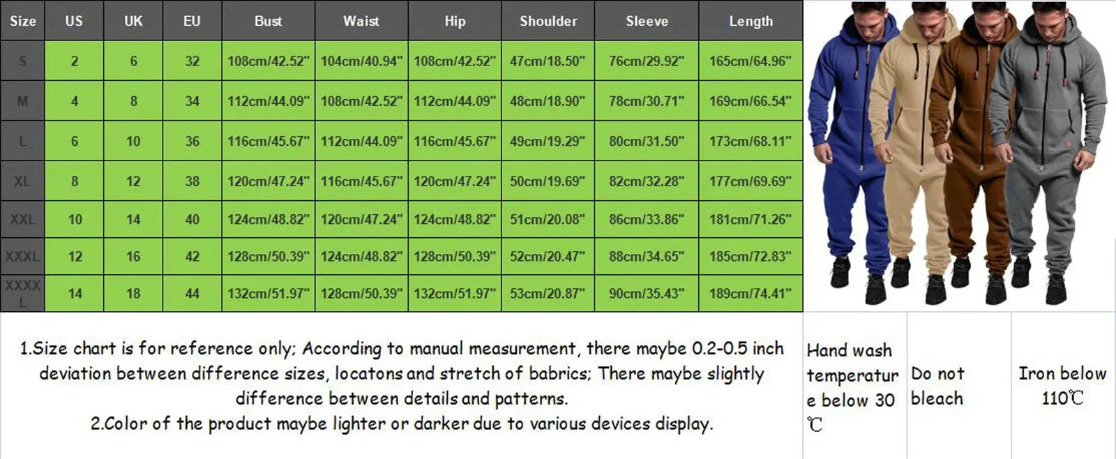 Men’ S Jumpsuit Set Solid Long Sleeve Hooded Fleece Playsuits Male Keep Warm Romper for Autumn and Winter Pantalones Hombre EVERYDAY ESSENTIALS