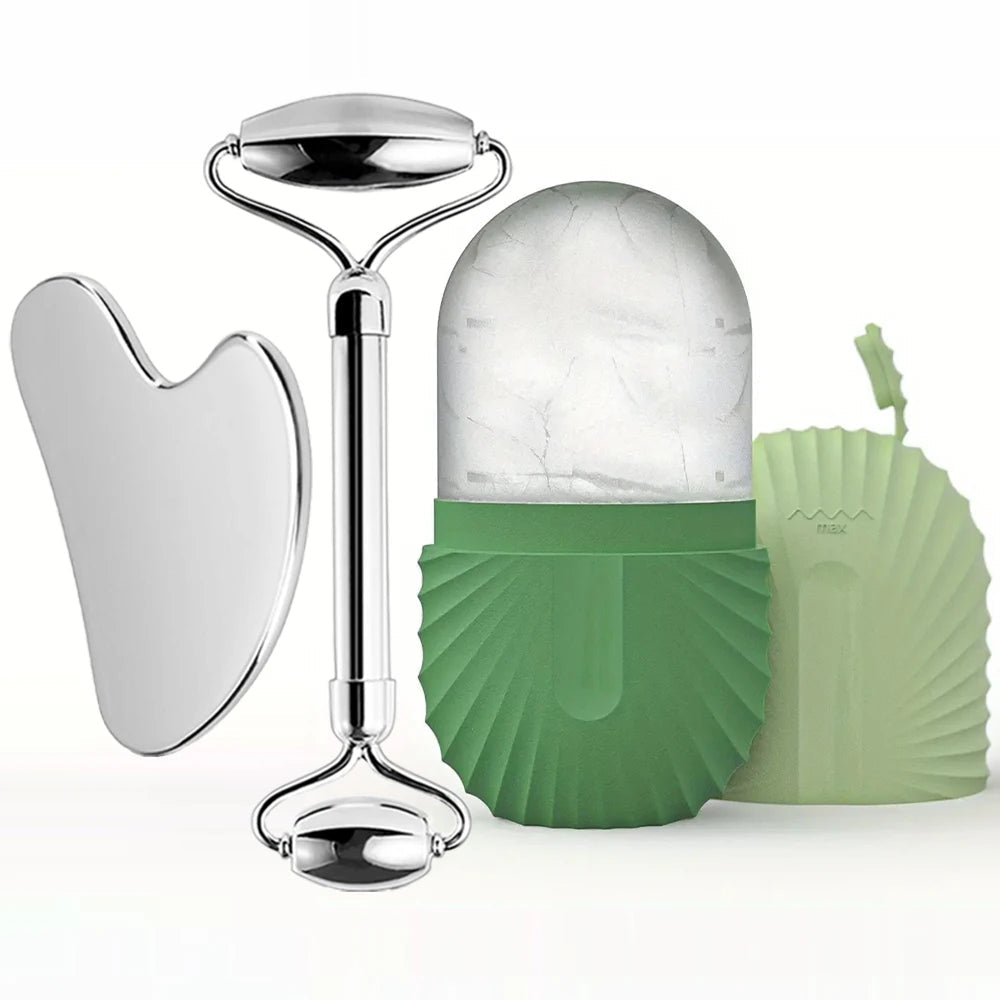 Ice Face Roller Facial Skincare Ice Roller Set, Stainless Steel Facial Roller Gua Sha Face Tool Face Massage Roller Mold Cube EVERYDAY ESSENTIALS