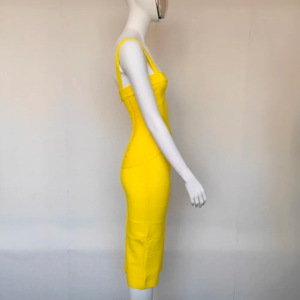 BEAUKEY Sexy Vintage Quality Evening Yellow Bandage Dress 2023 Women Summer Blue Midi Cross Dress Bodycon Party Ladies Vestidos EVERYDAY ESSENTIALS