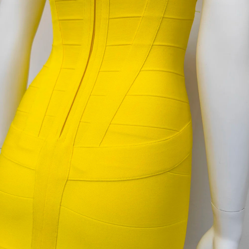 BEAUKEY Sexy Vintage Quality Evening Yellow Bandage Dress 2023 Women Summer Blue Midi Cross Dress Bodycon Party Ladies Vestidos EVERYDAY ESSENTIALS