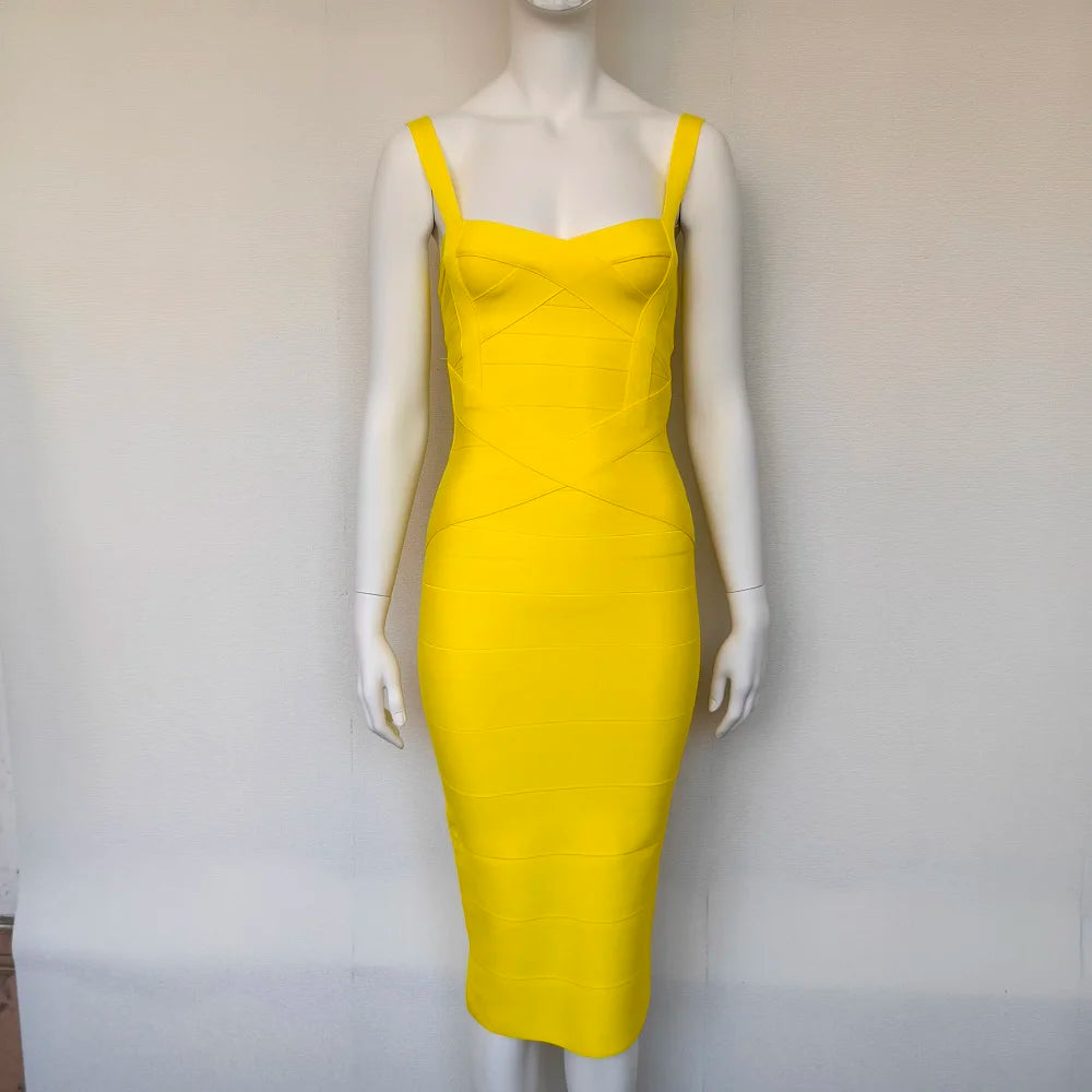 BEAUKEY Sexy Vintage Quality Evening Yellow Bandage Dress 2023 Women Summer Blue Midi Cross Dress Bodycon Party Ladies Vestidos EVERYDAY ESSENTIALS