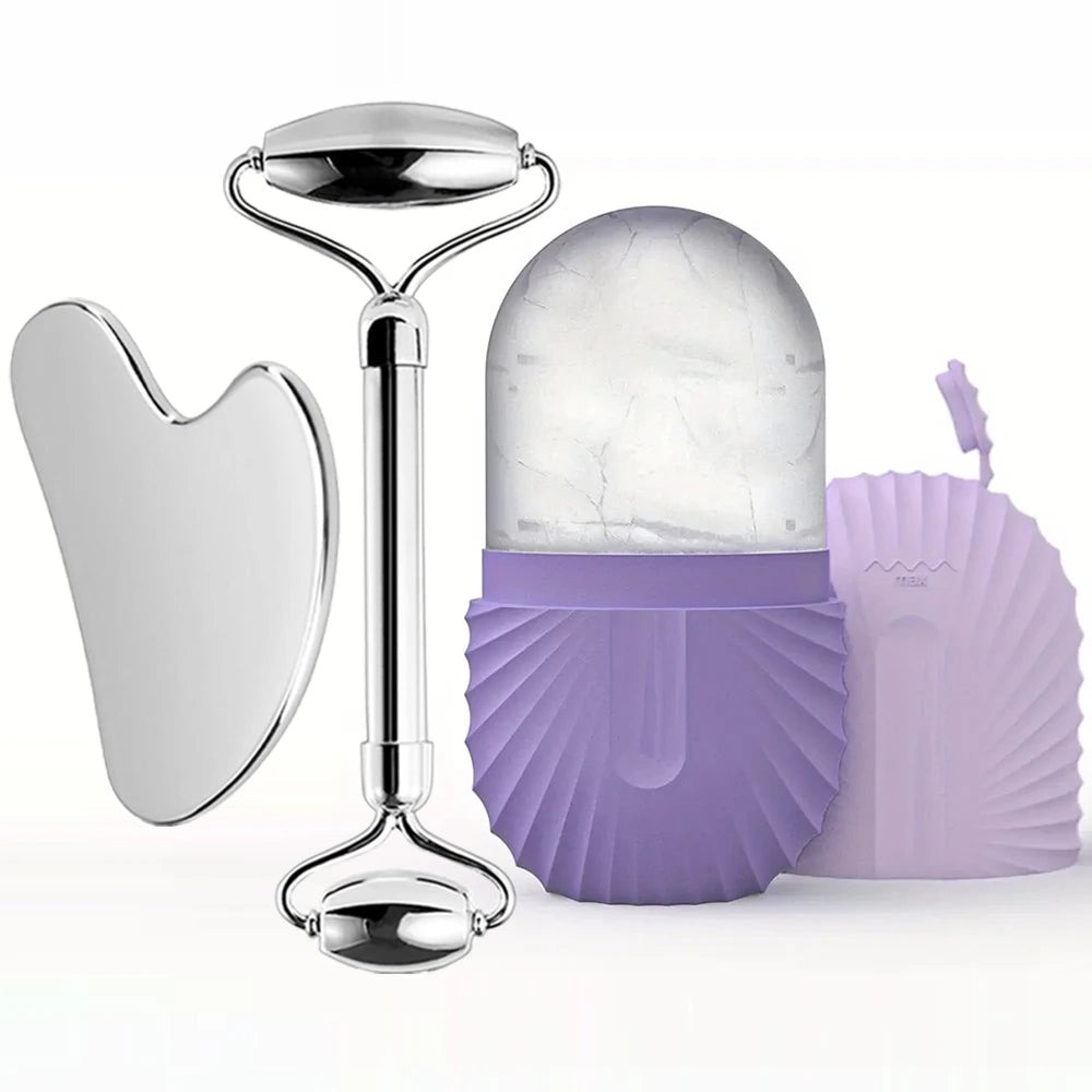 Ice Face Roller Facial Skincare Ice Roller Set, Stainless Steel Facial Roller Gua Sha Face Tool Face Massage Roller Mold Cube EVERYDAY ESSENTIALS