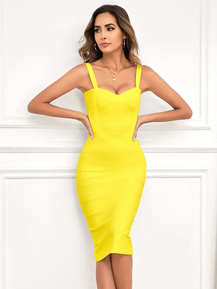 BEAUKEY Sexy Vintage Quality Evening Yellow Bandage Dress 2023 Women Summer Blue Midi Cross Dress Bodycon Party Ladies Vestidos EVERYDAY ESSENTIALS