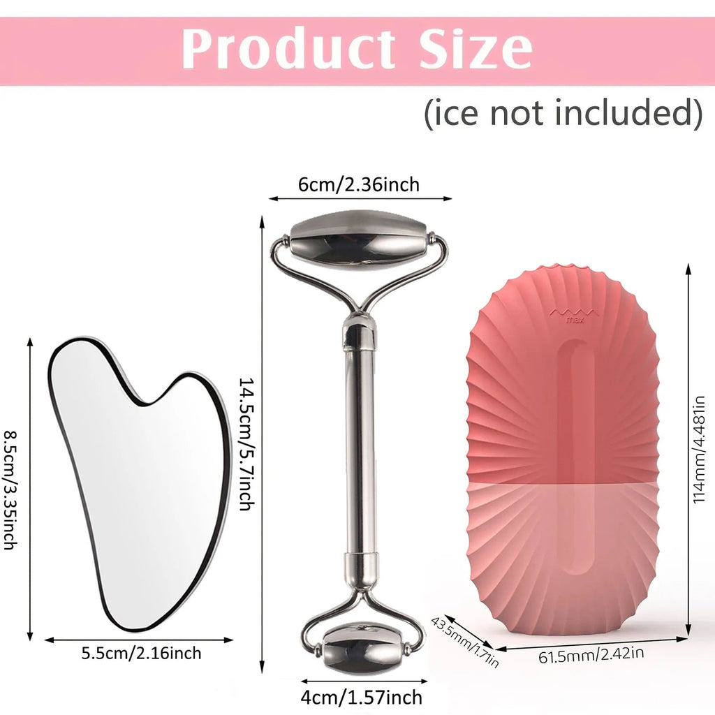 Ice Face Roller Facial Skincare Ice Roller Set, Stainless Steel Facial Roller Gua Sha Face Tool Face Massage Roller Mold Cube EVERYDAY ESSENTIALS