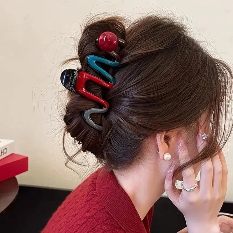 4Pcs Elegant Large Hair Claw Clips for Women Chic Wavy Design with Color Accents Non-Slip Shark Clips Head Hair Accessories EVERYDAY ESSENTIALS
