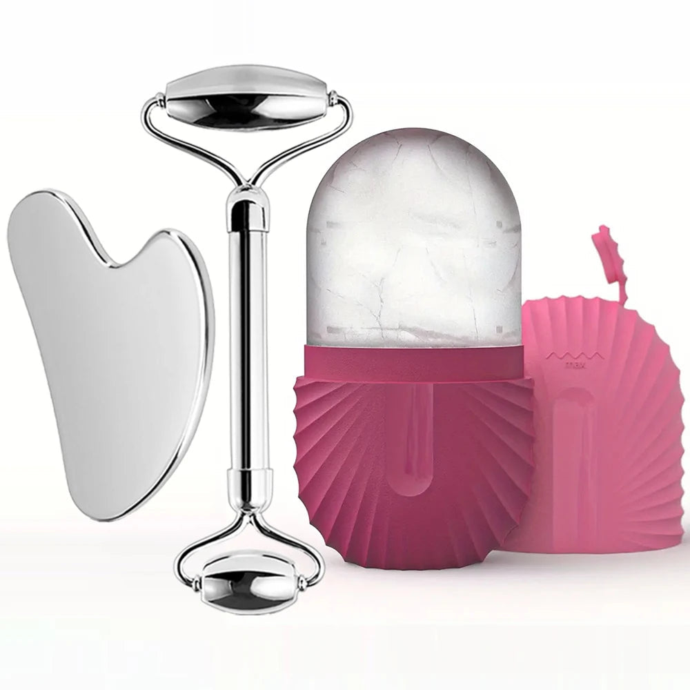 Ice Face Roller Facial Skincare Ice Roller Set, Stainless Steel Facial Roller Gua Sha Face Tool Face Massage Roller Mold Cube EVERYDAY ESSENTIALS