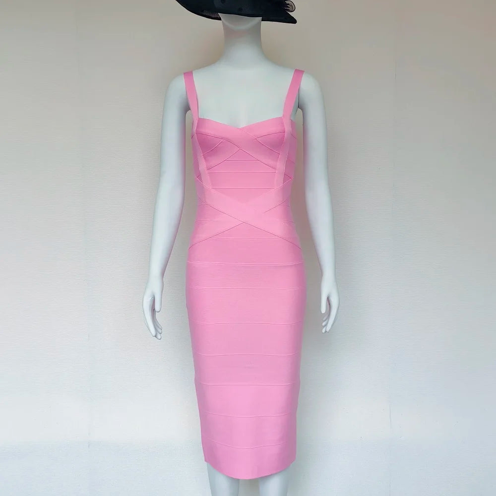 BEAUKEY Sexy Vintage Quality Evening Yellow Bandage Dress 2023 Women Summer Blue Midi Cross Dress Bodycon Party Ladies Vestidos EVERYDAY ESSENTIALS