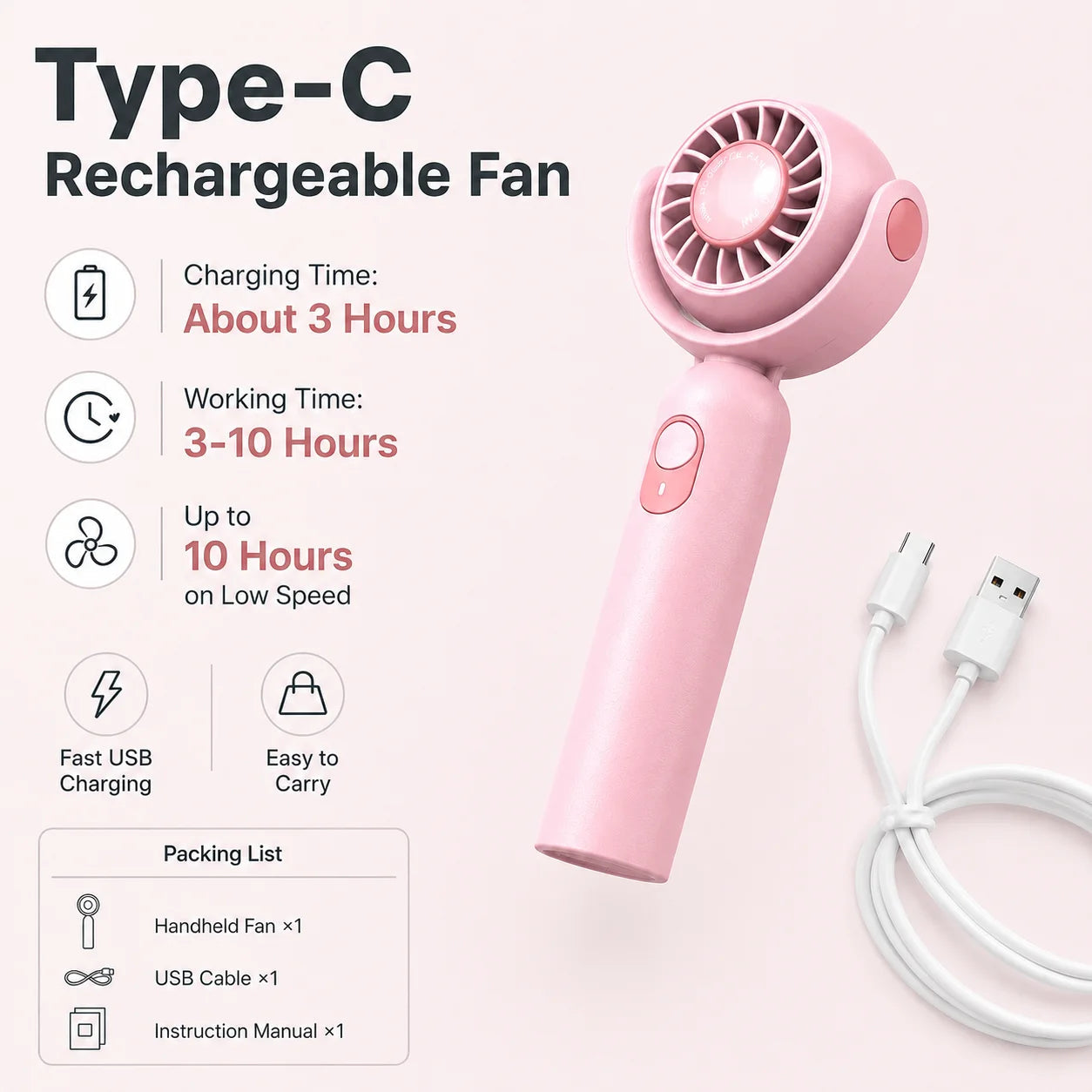 Portable Handheld Fan, Foldable Turbo Mini Fan with Strong Wind, Ultra Quiet Personal Cooling for Travel Office Outdoor, Cherry Blossom Pink Everyday Essentials