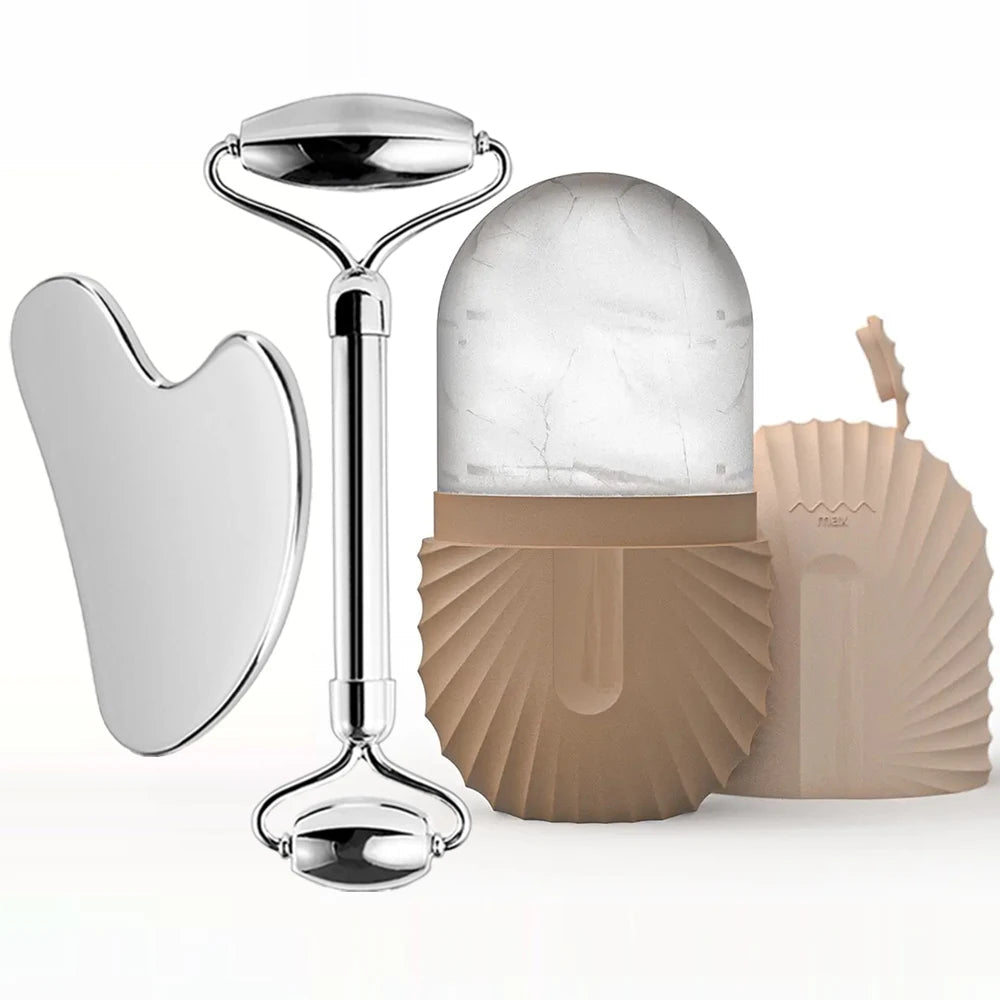 Ice Face Roller Facial Skincare Ice Roller Set, Stainless Steel Facial Roller Gua Sha Face Tool Face Massage Roller Mold Cube EVERYDAY ESSENTIALS