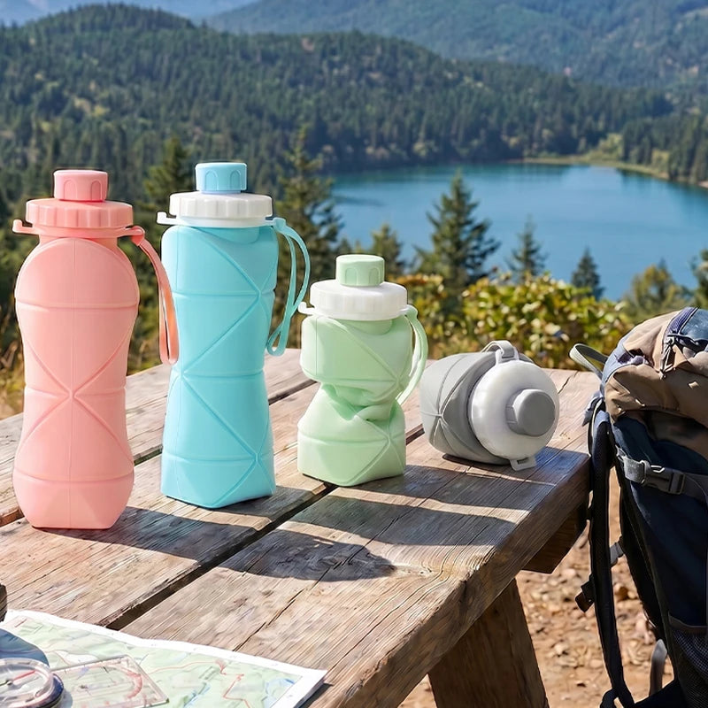 600ml Silicone Water Bottle Folding Portable Reusable Plastic Cups Outdoor Large capacity Gym Cycling hiking Drinking Bottle Everyday Essentials