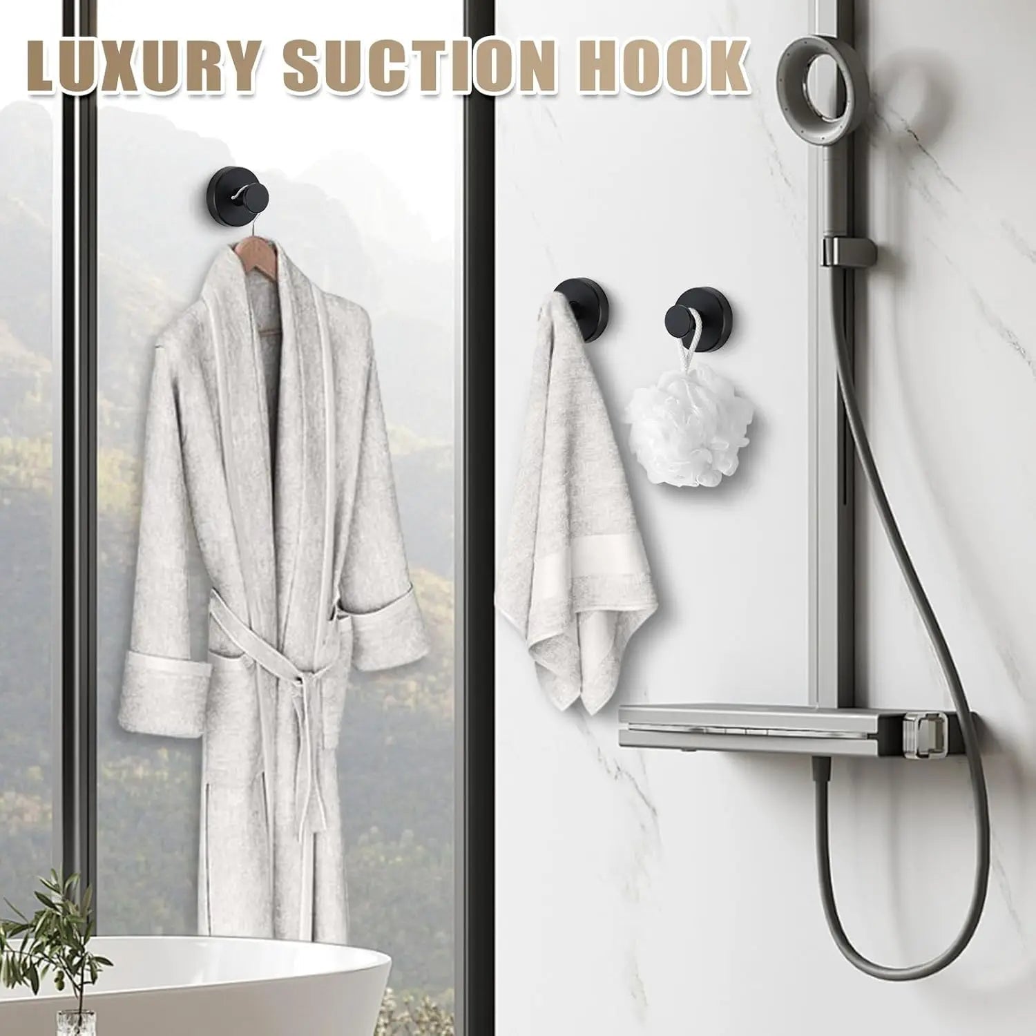 Matte Black Towel Hook (2-Pack) Shower Suction Wall Mounted Removable Hanger for Bathroom Coat Robe Bedroom Kitchen Hotel Pool EVERYDAY ESSENTIALS