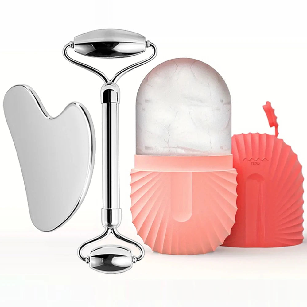 Ice Face Roller Facial Skincare Ice Roller Set, Stainless Steel Facial Roller Gua Sha Face Tool Face Massage Roller Mold Cube EVERYDAY ESSENTIALS