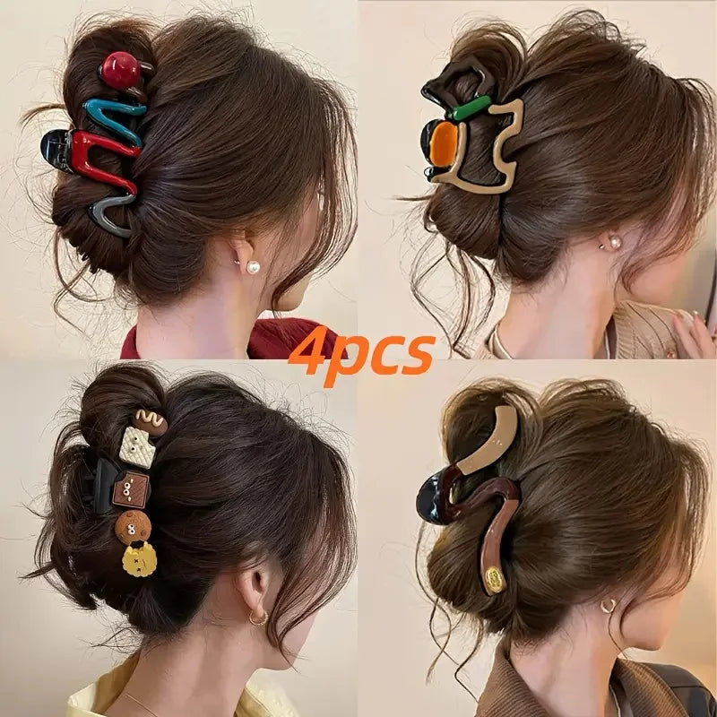 4Pcs Elegant Large Hair Claw Clips for Women Chic Wavy Design with Color Accents Non-Slip Shark Clips Head Hair Accessories EVERYDAY ESSENTIALS