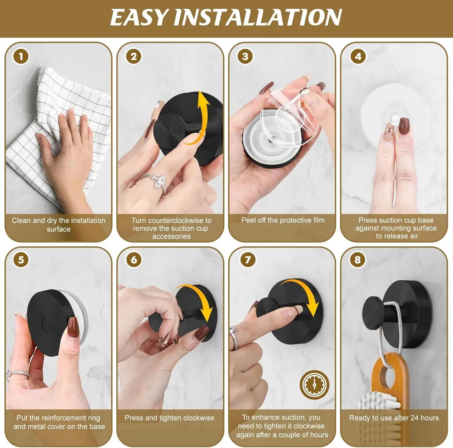Matte Black Towel Hook (2-Pack) Shower Suction Wall Mounted Removable Hanger for Bathroom Coat Robe Bedroom Kitchen Hotel Pool EVERYDAY ESSENTIALS