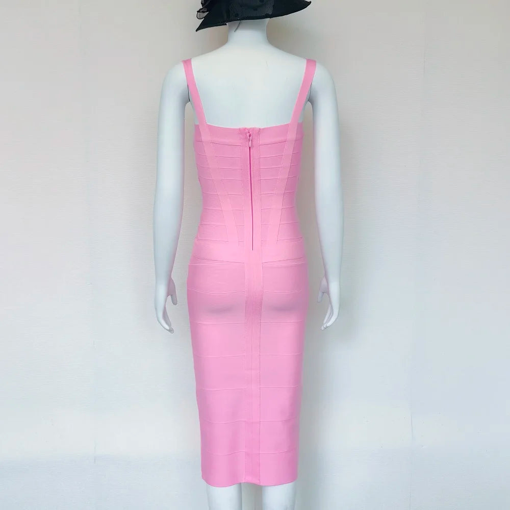 BEAUKEY Sexy Vintage Quality Evening Yellow Bandage Dress 2023 Women Summer Blue Midi Cross Dress Bodycon Party Ladies Vestidos EVERYDAY ESSENTIALS