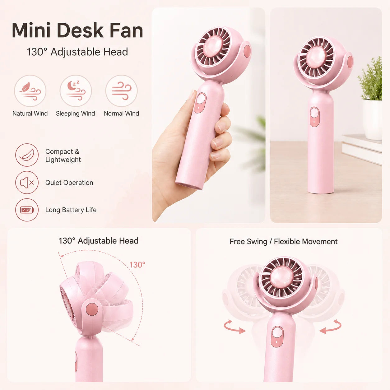 Portable Handheld Fan, Foldable Turbo Mini Fan with Strong Wind, Ultra Quiet Personal Cooling for Travel Office Outdoor, Cherry Blossom Pink EVERYDAY ESSENTIALS