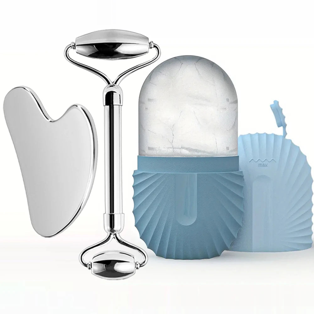 Ice Face Roller Facial Skincare Ice Roller Set, Stainless Steel Facial Roller Gua Sha Face Tool Face Massage Roller Mold Cube EVERYDAY ESSENTIALS