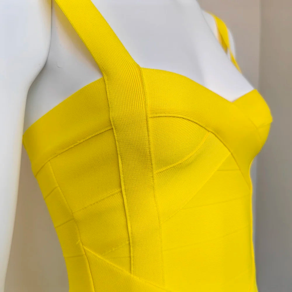 BEAUKEY Sexy Vintage Quality Evening Yellow Bandage Dress 2023 Women Summer Blue Midi Cross Dress Bodycon Party Ladies Vestidos EVERYDAY ESSENTIALS