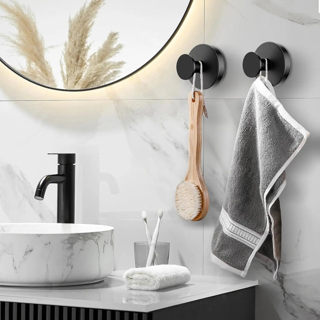 Matte Black Towel Hook (2-Pack) Shower Suction Wall Mounted Removable Hanger for Bathroom Coat Robe Bedroom Kitchen Hotel Pool EVERYDAY ESSENTIALS