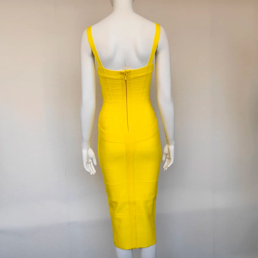 BEAUKEY Sexy Vintage Quality Evening Yellow Bandage Dress 2023 Women Summer Blue Midi Cross Dress Bodycon Party Ladies Vestidos EVERYDAY ESSENTIALS